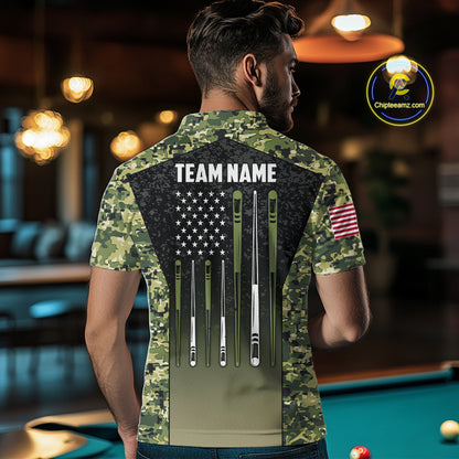 Custom Green Camo US Flag 8 Ball Pool Shirt For Men, Billiard Team Jersey Polo & 1/4 Zip TDM6138