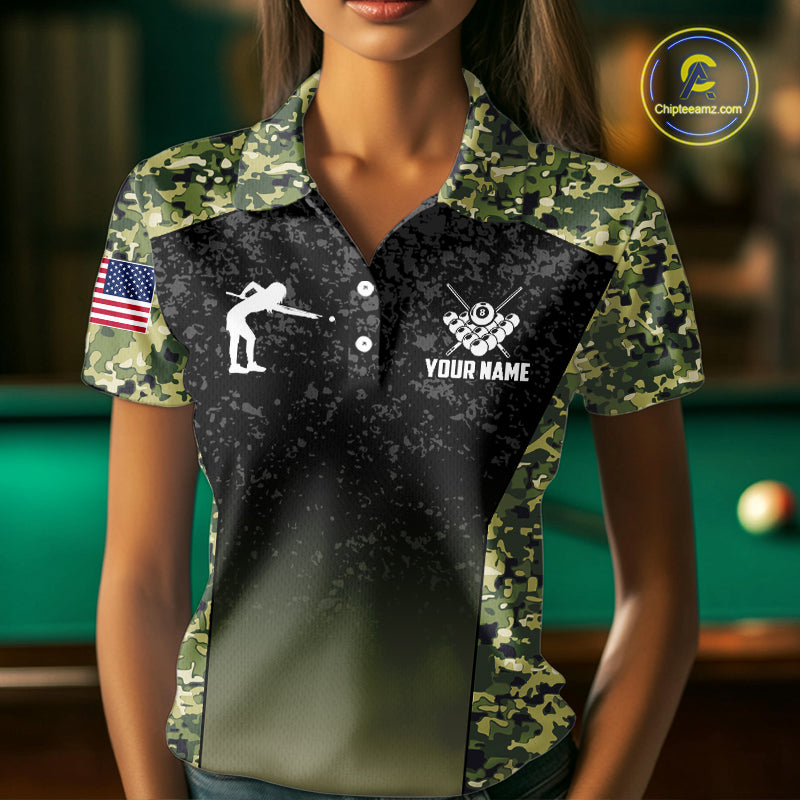 Custom Green Camo US Flag 8 Ball Pool Shirt For Women, Billiard Team Jersey Polo & 1/4 Zip TDM6138