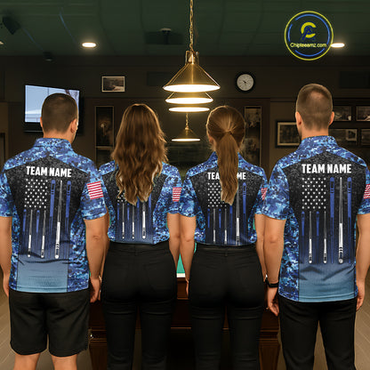 Custom Blue Camo US Flag 8 Ball Pool Shirt For Men, Billiard Team Jersey Polo & 1/4 Zip TDM6139