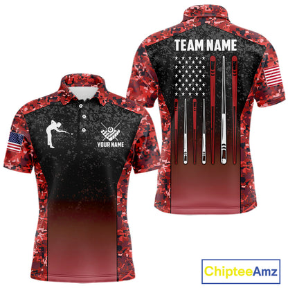 Custom Red Camo US Flag 8 Ball Pool Shirt For Men, Billiard Team Jersey Polo & 1/4 Zip TDM6140