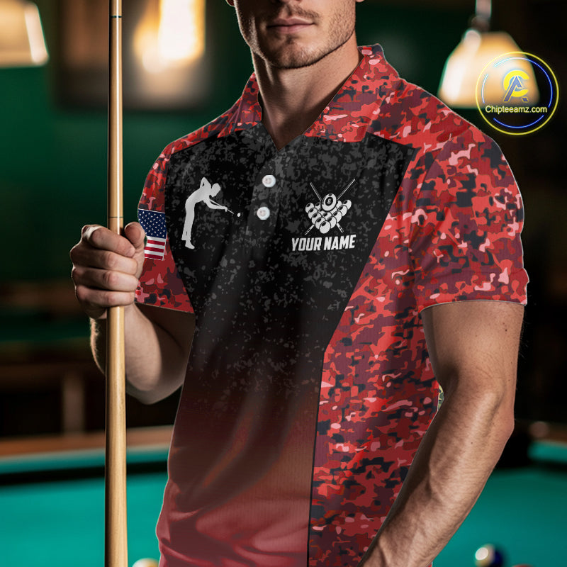 Custom Red Camo US Flag 8 Ball Pool Shirt For Men, Billiard Team Jersey Polo & 1/4 Zip TDM6140