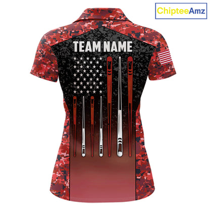 Custom Red Camo US Flag 8 Ball Pool Shirt For Women, Billiard Team Jersey Polo & 1/4 Zip TDM6140