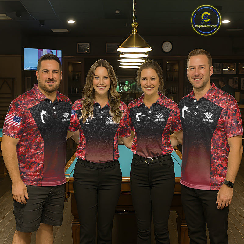Custom Red Camo US Flag 8 Ball Pool Shirt For Women, Billiard Team Jersey Polo & 1/4 Zip TDM6140