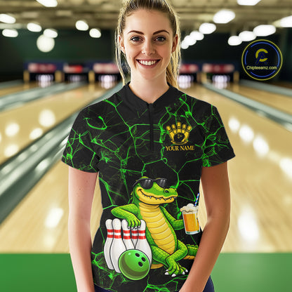 Black And Green Funny Alligator Bowling Shirt For Women Custom Lightning Bowling Team Jersey TDM6141