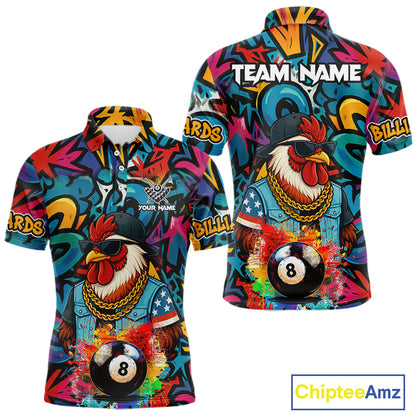 Funny Rooster Colorful Graffiti 8 Ball Billiard Shirt For Men Custom Pool Jersey Polo & 1/4 Zip TDM6368