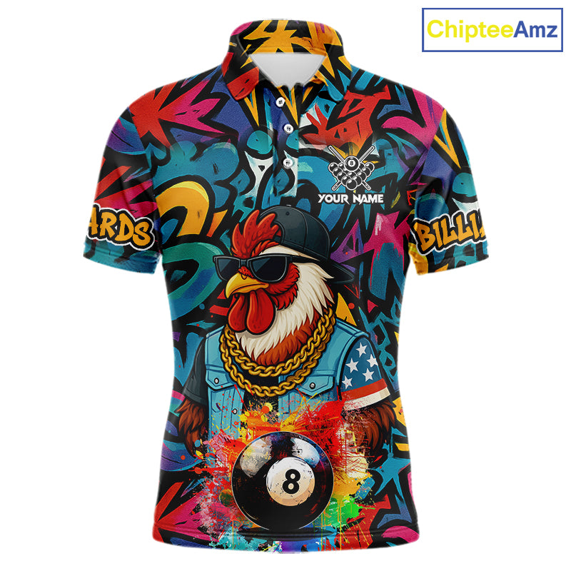 Funny Rooster Colorful Graffiti 8 Ball Billiard Shirt For Men Custom Pool Jersey Polo & 1/4 Zip TDM6368