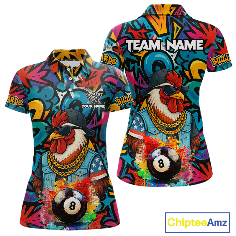 Funny Rooster Colorful Graffiti 8 Ball Billiard Shirt For Women Custom Pool Jersey Polo & 1/4 Zip TDM6368