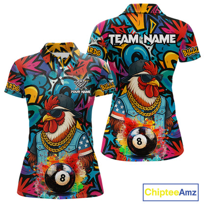 Funny Rooster Colorful Graffiti 8 Ball Billiard Shirt For Women Custom Pool Jersey Polo & 1/4 Zip TDM6368