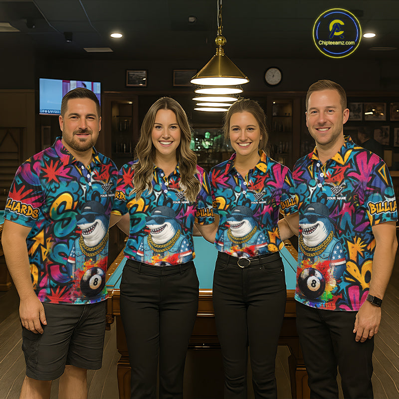 Funny Shark Colorful Graffiti 8 Ball Billiard Shirt For Women Custom Pool Jersey Polo & 1/4 Zip TDM6369