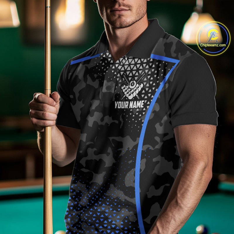 Black And Blue 8 Ball Pool Billiard Shirt For Men Custom Camo Billiard Team Jersey Polo & 1/4 Zip TDM6567