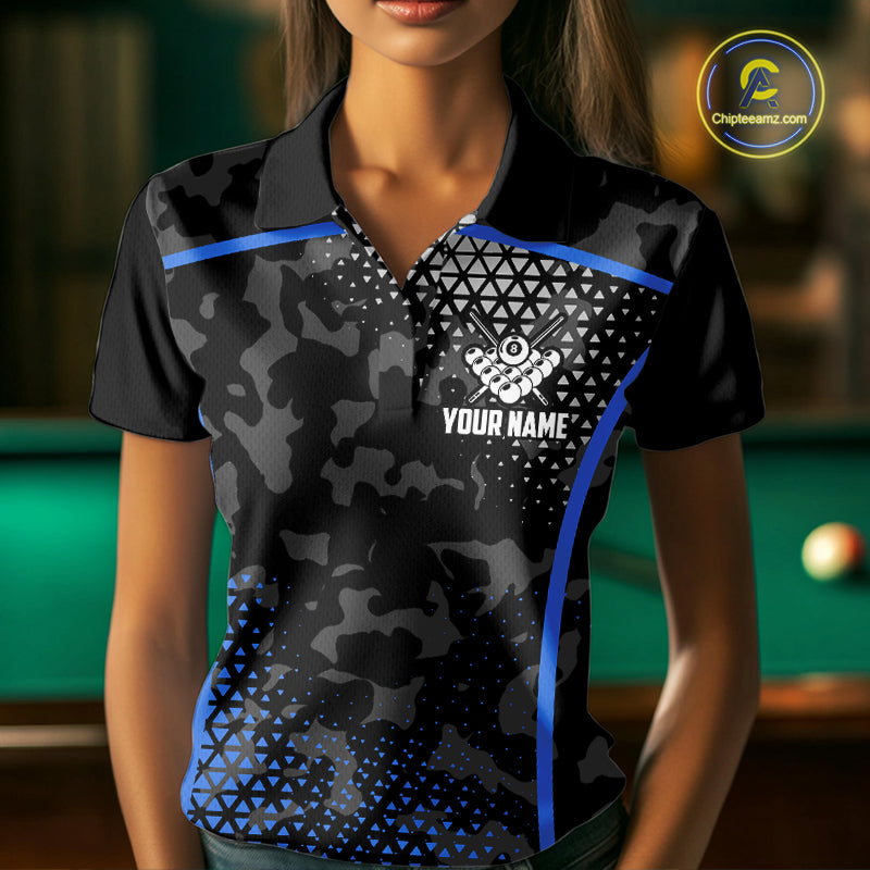 Black And Blue 8 Ball Pool Billiard Shirt For Women Custom Camo Billiard Team Jersey Polo & 1/4 Zip TDM6567