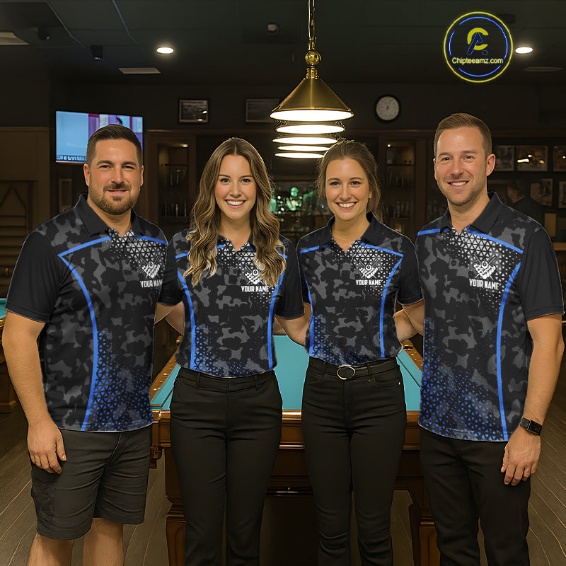 Black And Blue 8 Ball Pool Billiard Shirt For Men Custom Camo Billiard Team Jersey Polo & 1/4 Zip TDM6567