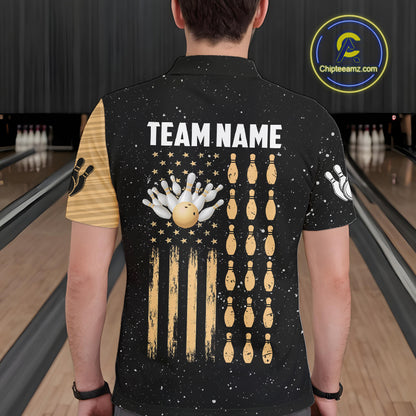 Custom Grunge American Flag Bowling Shirt For Men, Patriotic Bowling Team Jersey Polo & 1/4 Zip TDM4631