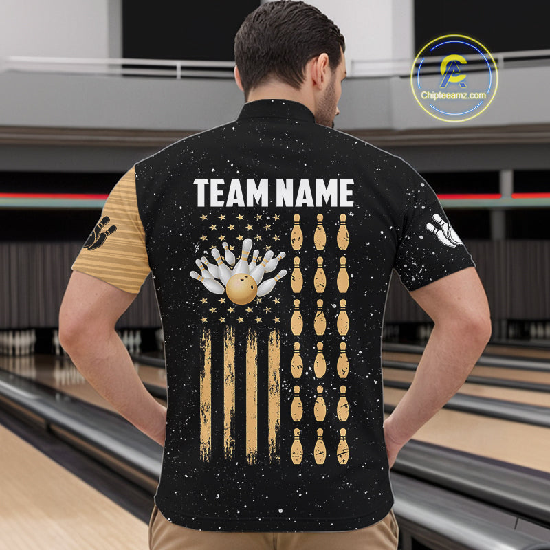Custom Grunge American Flag Bowling Shirt For Men, Patriotic Bowling Team Jersey Polo & 1/4 Zip TDM4631