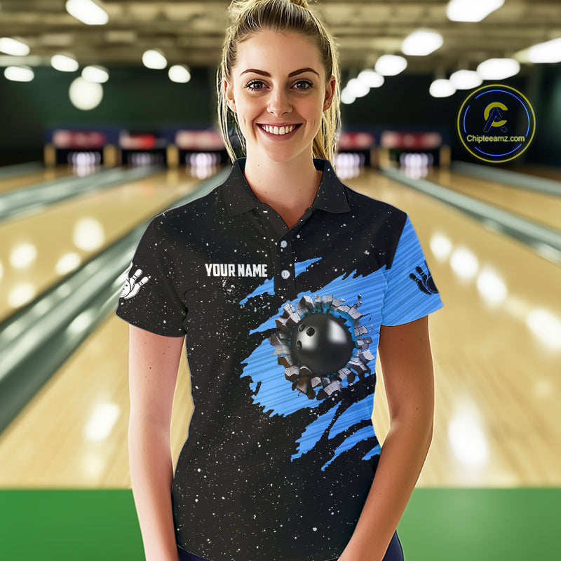 Custom Blue Grunge American Flag Bowling Shirt For Women, Patriotic Bowling Team Jersey Polo, 1/4 Zip TDM4632