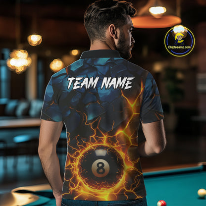 Personalized Fire Cracks 8 Ball Billiard Shirt For Men Custom 8 Ball Pool Jersey Polo & 1/4 Zip TDM5045