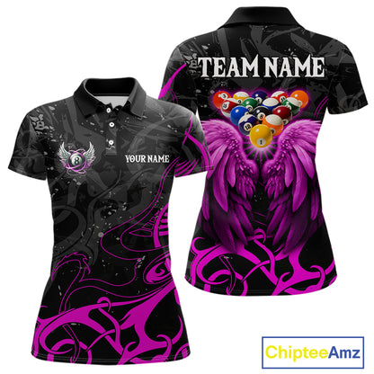 Black And Purple 8 Ball Wings Billiard Shirt For Women Custom Tribal Pool Jersey Team Polo & 1/4 Zip TDM5774