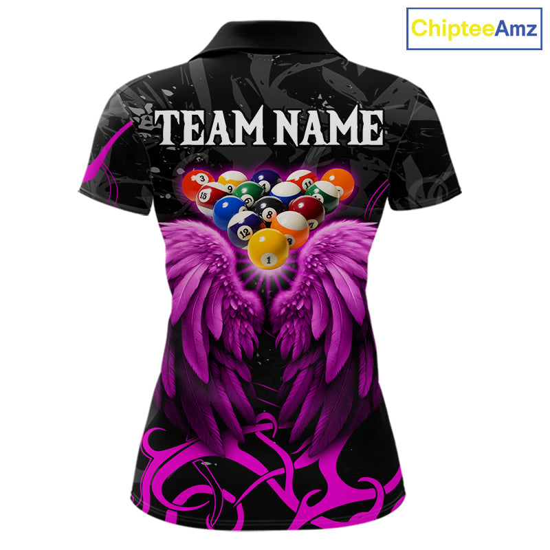 Black And Purple 8 Ball Wings Billiard Shirt For Women Custom Tribal Pool Jersey Team Polo & 1/4 Zip TDM5774