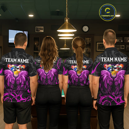 Black And Purple 8 Ball Wings Billiard Shirt For Men Custom Tribal Pool Jersey Team Polo & 1/4 Zip TDM5774