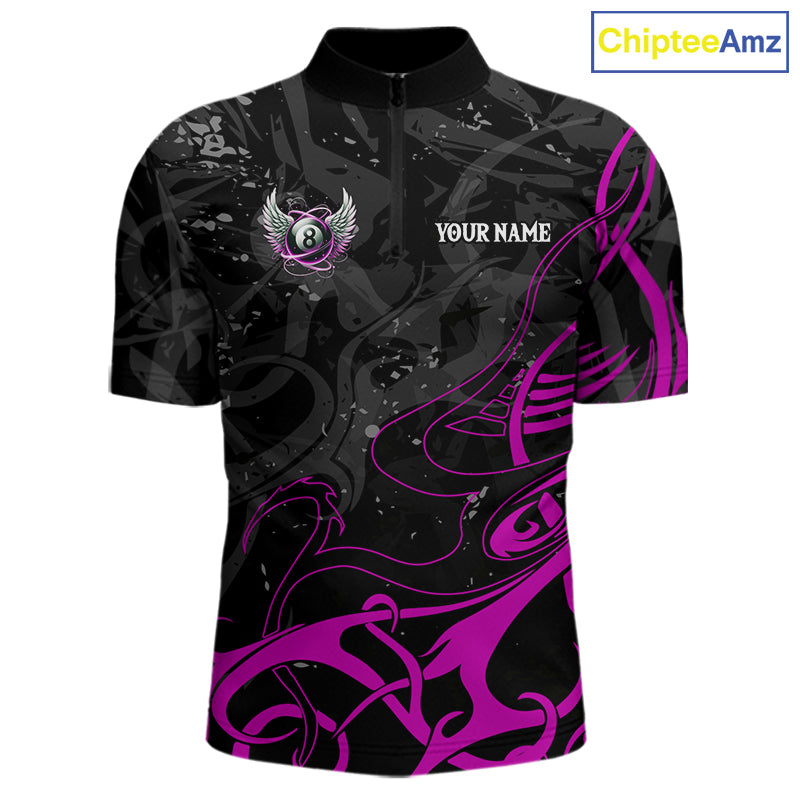 Black And Purple 8 Ball Wings Billiard Shirt For Men Custom Tribal Pool Jersey Team Polo & 1/4 Zip TDM5774