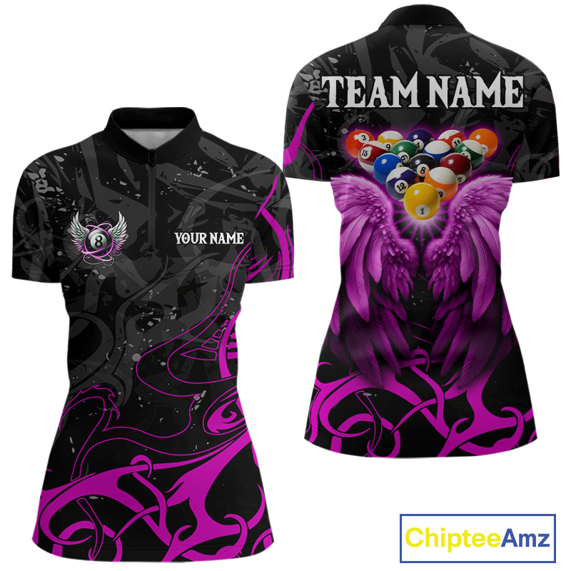Black And Purple 8 Ball Wings Billiard Shirt For Women Custom Tribal Pool Jersey Team Polo & 1/4 Zip TDM5774