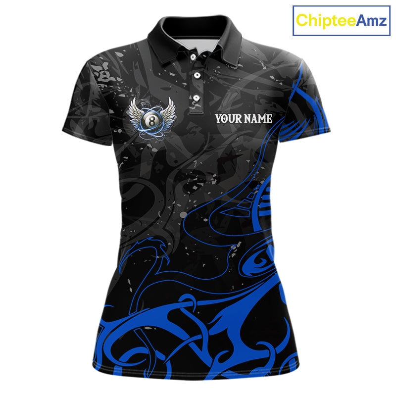 Black And Blue 8 Ball Wings Billiard Shirt For Women Custom Tribal Pool Jersey Team Polo & 1/4 Zip TDM5775