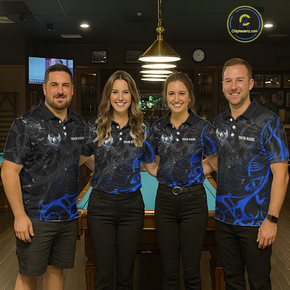 Black And Blue 8 Ball Wings Billiard Shirt For Women Custom Tribal Pool Jersey Team Polo & 1/4 Zip TDM5775