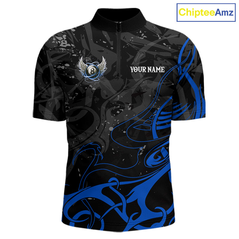 Black And Blue 8 Ball Wings Billiard Shirt For Men Custom Tribal Pool Jersey Team Polo & 1/4 Zip TDM5775