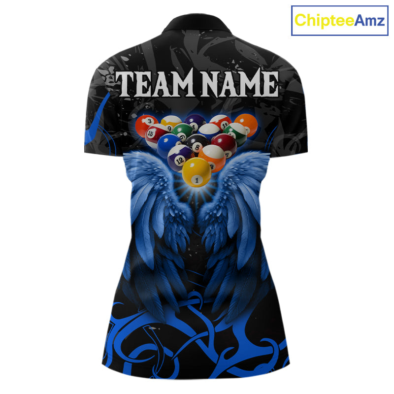 Black And Blue 8 Ball Wings Billiard Shirt For Women Custom Tribal Pool Jersey Team Polo & 1/4 Zip TDM5775