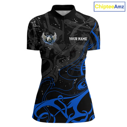 Black And Blue 8 Ball Wings Billiard Shirt For Women Custom Tribal Pool Jersey Team Polo & 1/4 Zip TDM5775