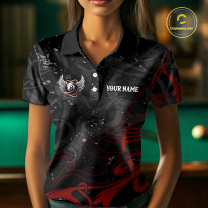 Black And Red 8 Ball Wings Billiard Shirt For Women Custom Tribal Pool Jersey Team Polo & 1/4 Zip TDM5776