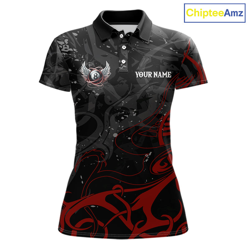 Black And Red 8 Ball Wings Billiard Shirt For Women Custom Tribal Pool Jersey Team Polo & 1/4 Zip TDM5776