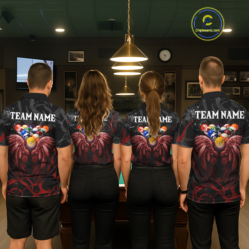 Black And Red 8 Ball Wings Billiard Shirt For Men Custom Tribal Pool Jersey Team Polo & 1/4 Zip TDM5776