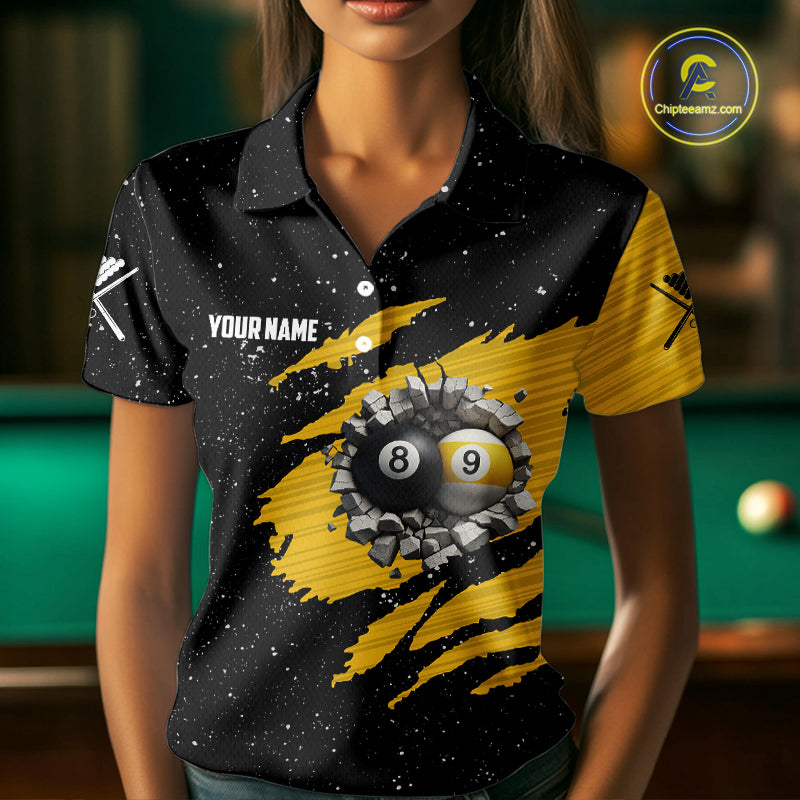 Yellow Black Grunge US Flag 8 Ball & 9 Ball Pool Women's Billiard Shirt Custom Billiard Team Jersey TDM5777