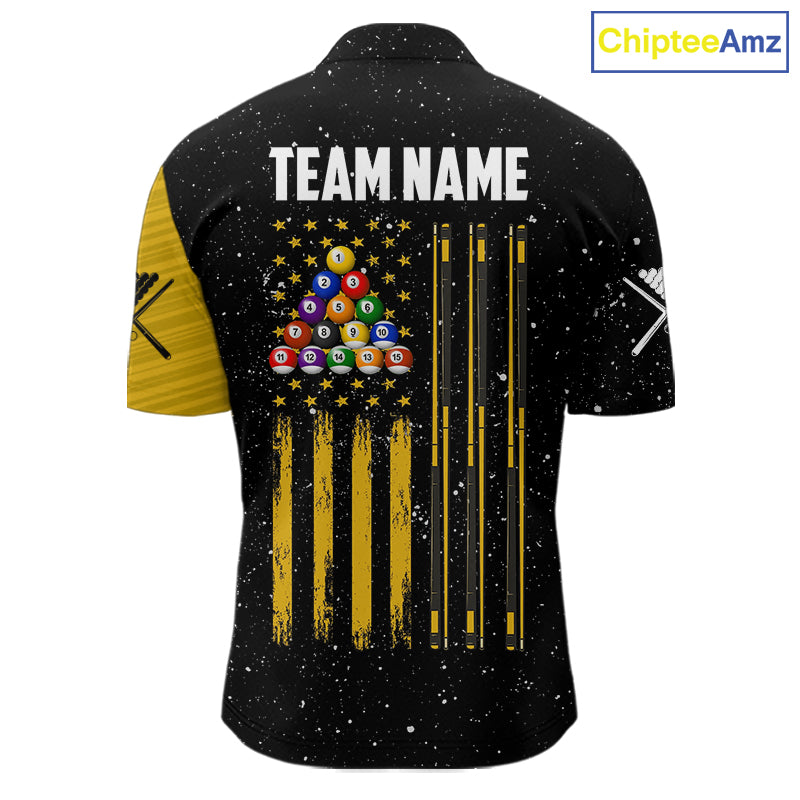 Yellow Black Grunge US Flag 8 Ball & 9 Ball Pool Men's Billiard Shirt Custom Billiard Team Jersey TDM5777