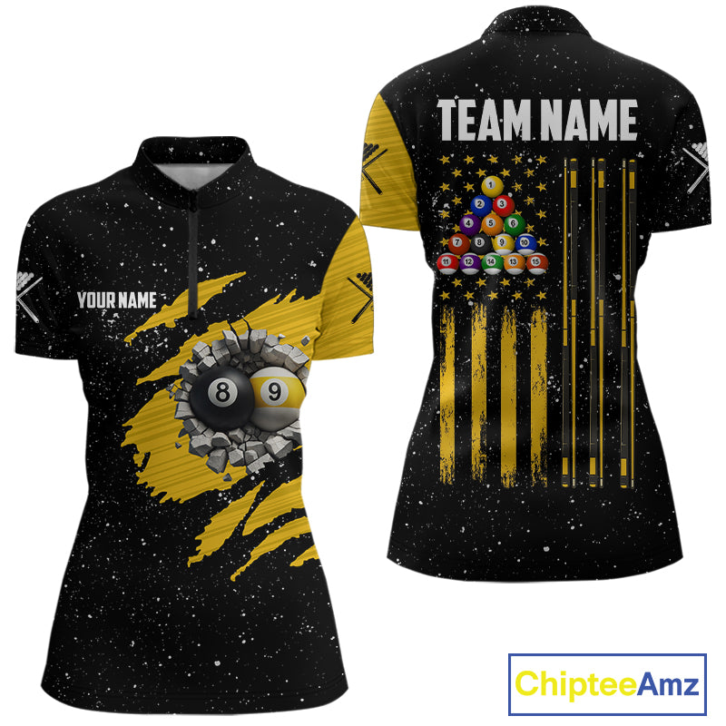 Yellow Black Grunge US Flag 8 Ball & 9 Ball Pool Women's Billiard Shirt Custom Billiard Team Jersey TDM5777