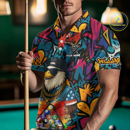 Funny Eagle Colorful Graffiti 8 Ball Billiard Shirt For Men Custom Billiard Jersey Pool Team Shirt TDM5782