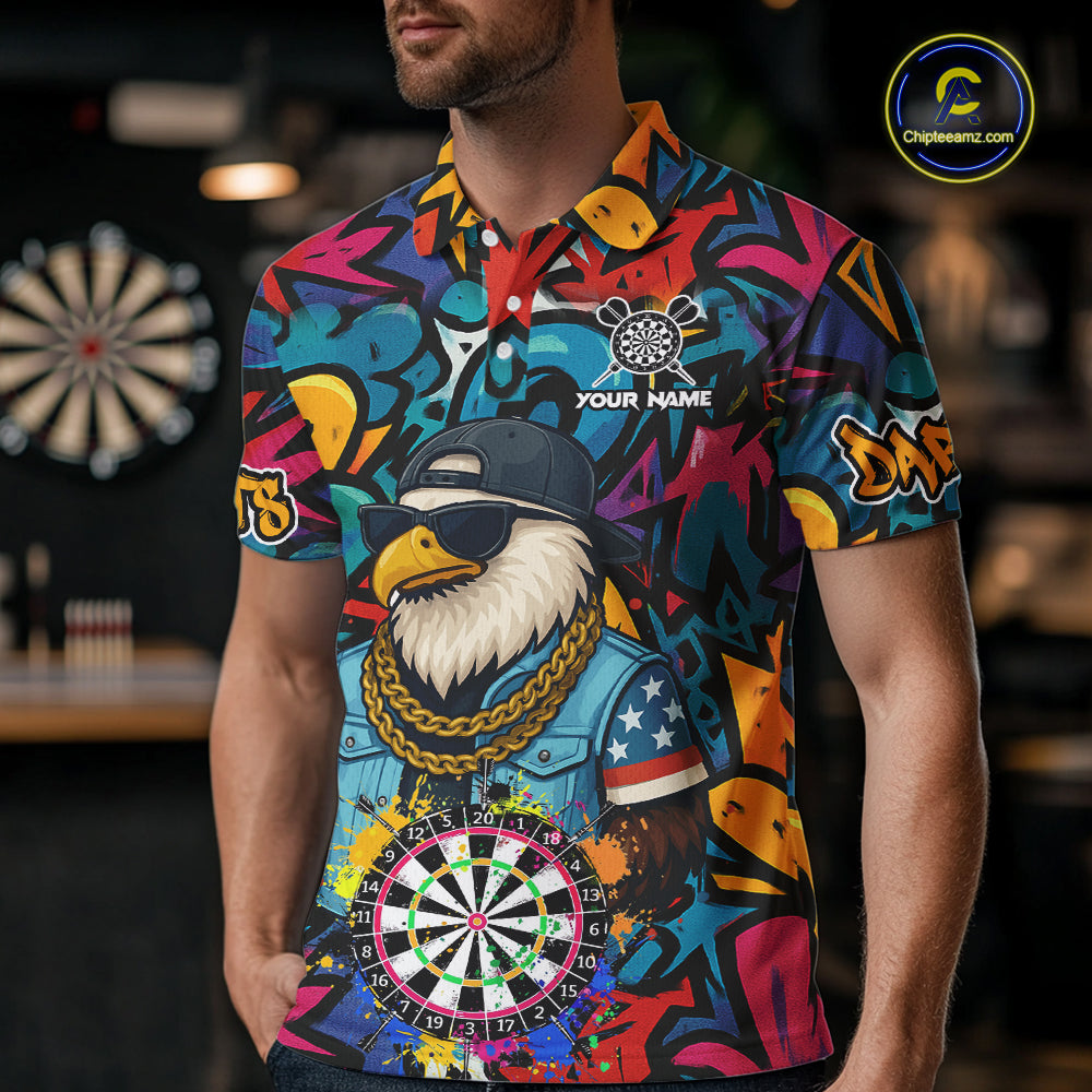 Funny Eagle Colorful Graffiti Darts Shirt For Men Custom Darts Jersey Team Polo & 1/4 Zip TDM5783