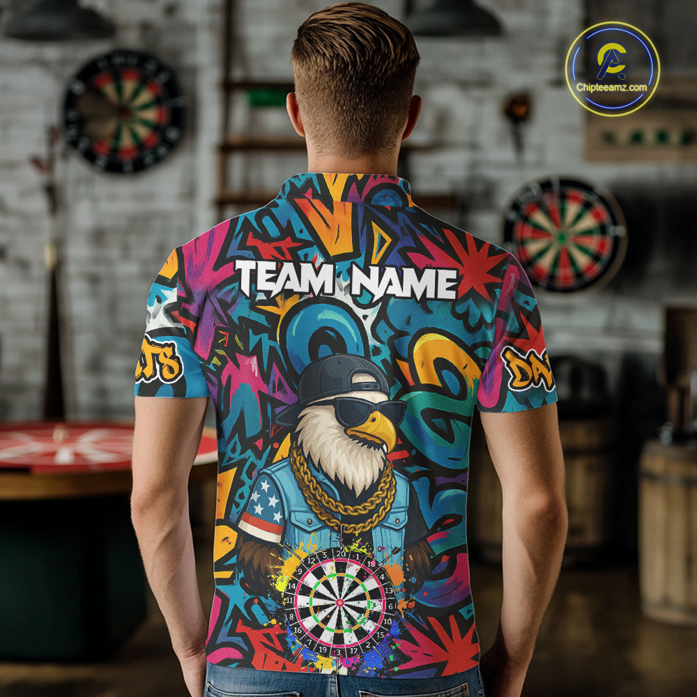 Funny Eagle Colorful Graffiti Darts Shirt For Men Custom Darts Jersey Team Polo & 1/4 Zip TDM5783