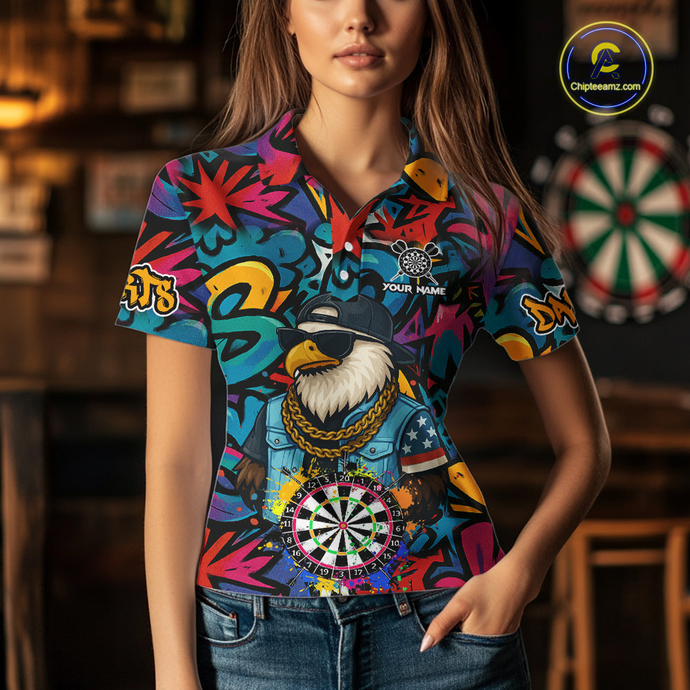 Funny Eagle Colorful Graffiti Darts Shirt For Women Custom Darts Jersey Team Polo & 1/4 Zip TDM5783