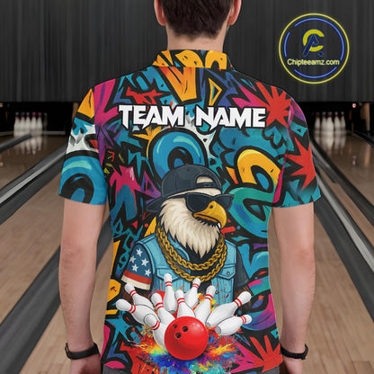 Funny Eagle Colorful Graffiti Bowling Shirt For Men Custom Bowling Team Jersey Polo & 1/4 Zpip TDM5784