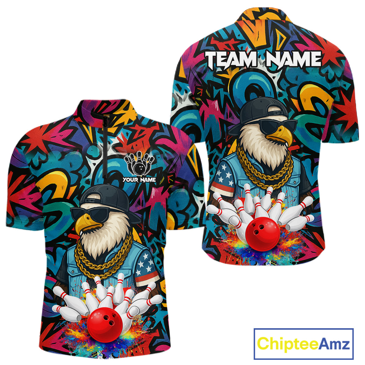 Funny Eagle Colorful Graffiti Bowling Shirt For Men Custom Bowling Team Jersey Polo & 1/4 Zpip TDM5784