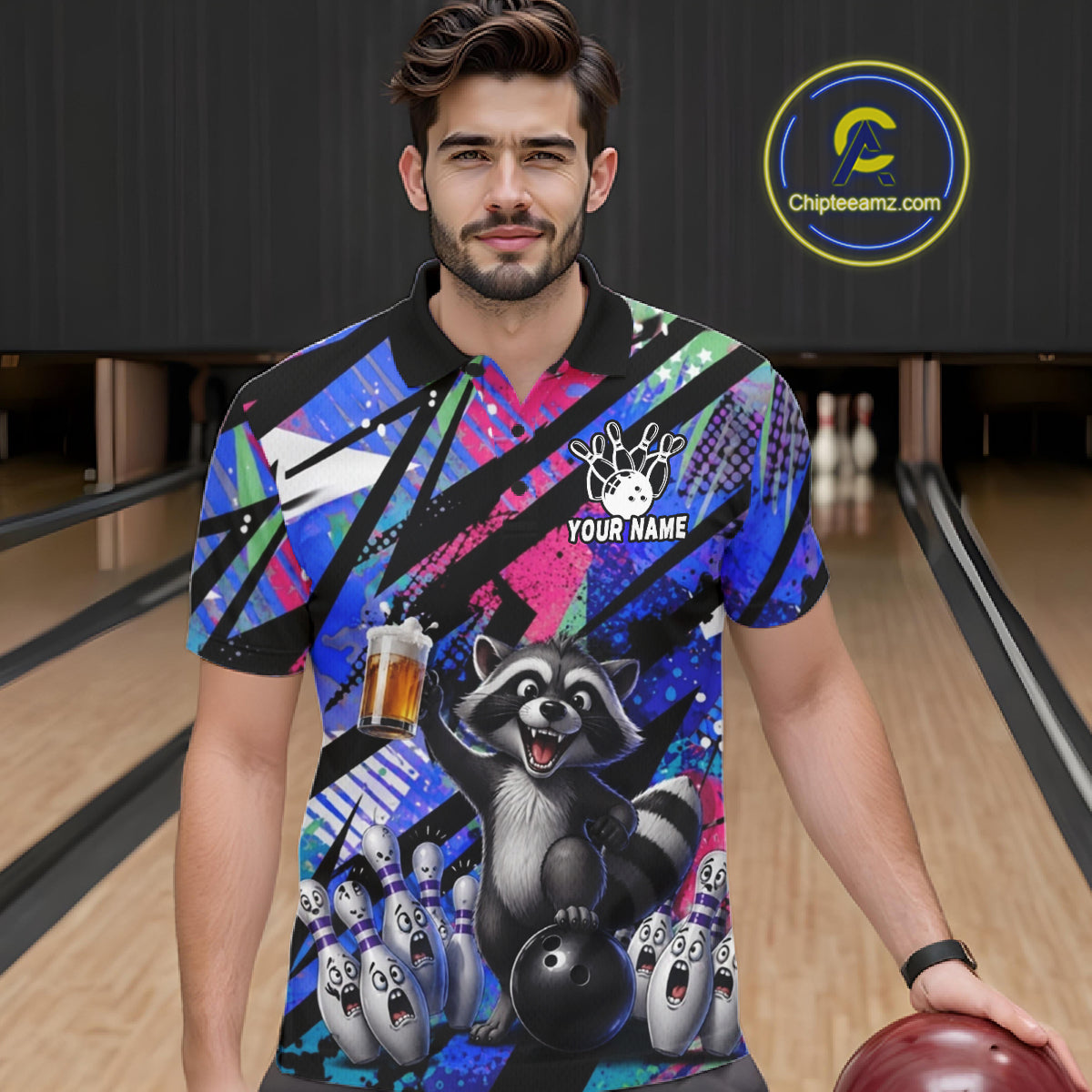 Funny Raccoon Colorful Graffiti Bowling Jersey For Men Custom Bowling Polo & 1/4 Zip Team Shirts TDM6572