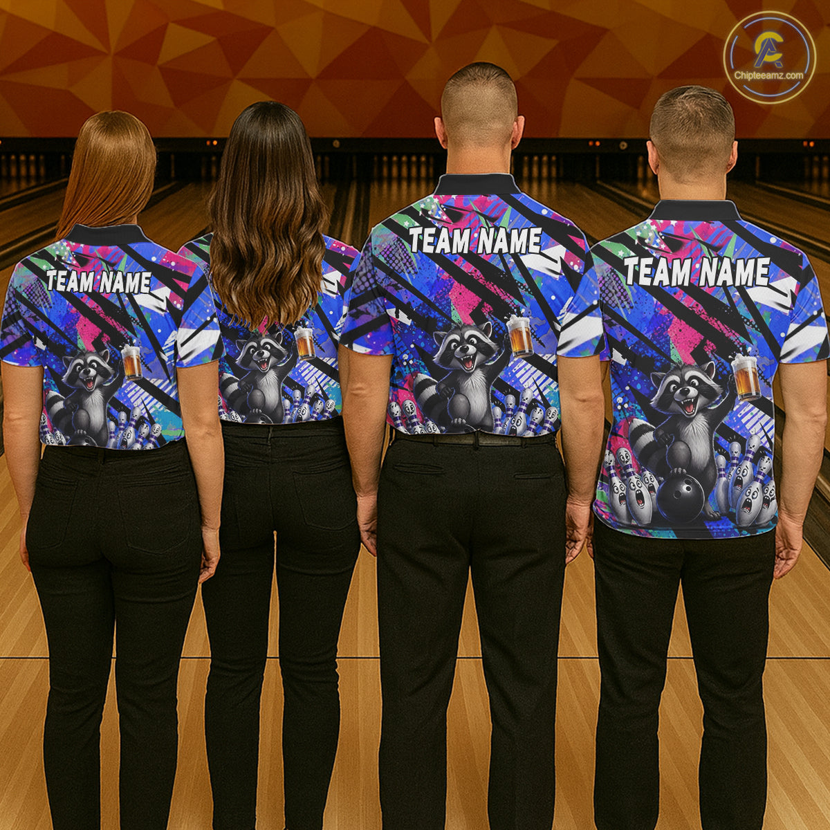 Funny Raccoon Colorful Graffiti Bowling Jersey For Women Custom Bowling Polo & 1/4 Zip Team Shirts TDM6572