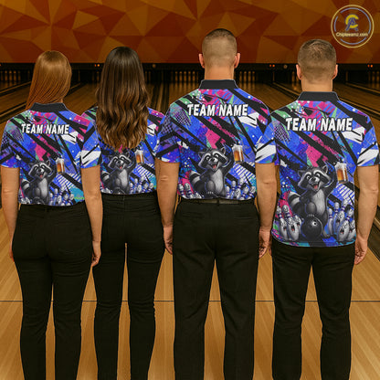 Funny Raccoon Colorful Graffiti Bowling Jersey For Women Custom Bowling Polo & 1/4 Zip Team Shirts TDM6572