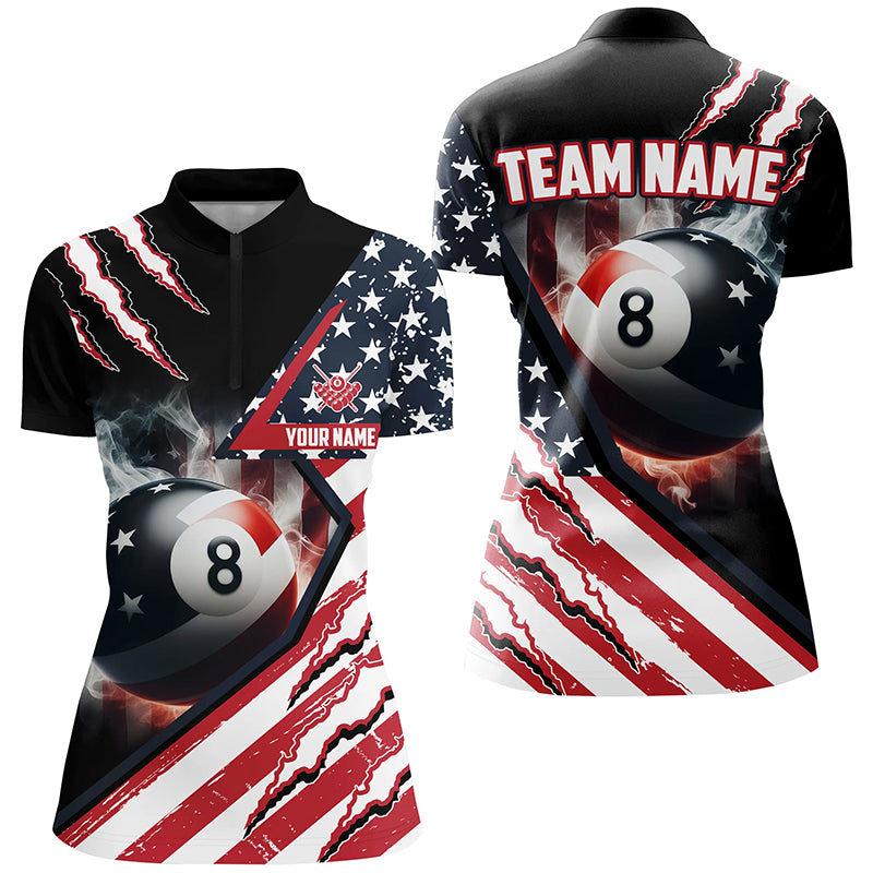 Personalized 8 Ball Pool US Flag Smoke Billiard Shirts For Women, Patriotic Billiard Jerseys Attire TDM1869