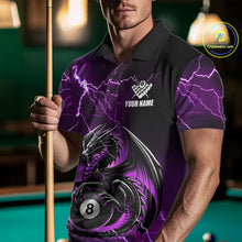 Load image into Gallery viewer, Man wearing a purple thunder lightning dragon 8 ball billiard jersey beside a pool table front view.