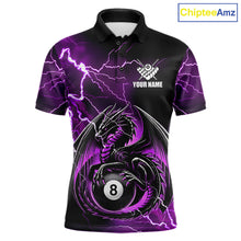 Load image into Gallery viewer, Purple thunder lightning dragon 8 ball billiard polo shirt for men with custom pool team graphics.