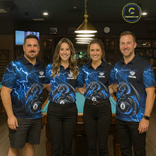 Load image into Gallery viewer, Pool team wearing matching blue thunder lightning dragon 8 ball billiard jerseys during tournament competition front view.