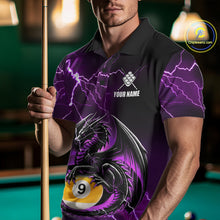 Load image into Gallery viewer, Man wearing a purple thunder lightning dragon 9 ball billiard jersey beside a pool table front view.